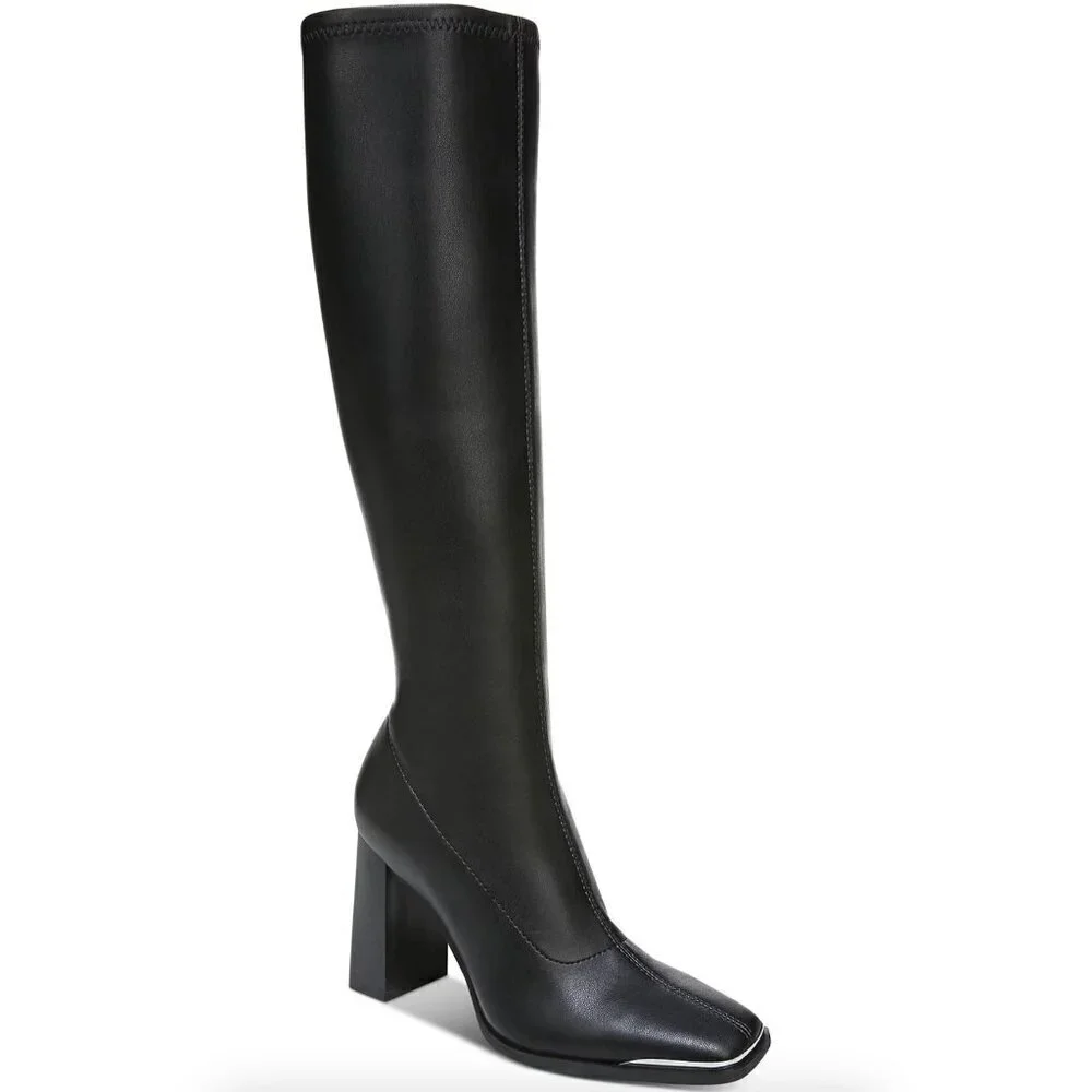 Womens Black Square Toe Block Heel Zip-Up Dress Heeled Boots